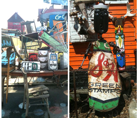 images of portions of Tyree Guyton's sculptures with found objects